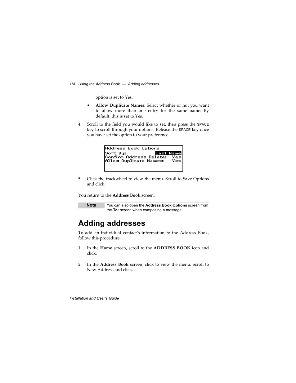 Adding addresses | Radio Shack RIM 850 User Manual | Page 118 / 204