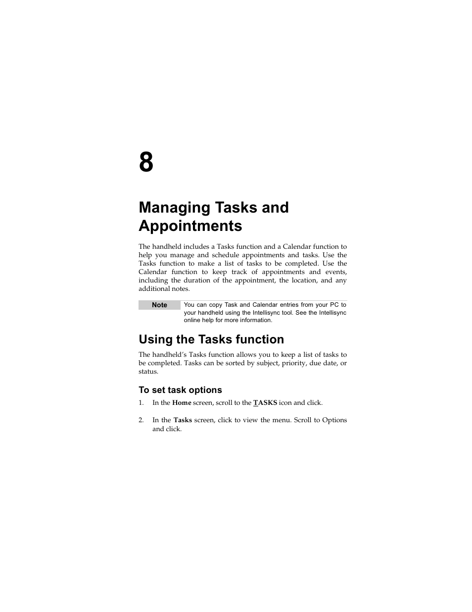 Managing tasks and appointments, Using the tasks function, To set task options | Radio Shack RIM 850 User Manual | Page 127 / 204