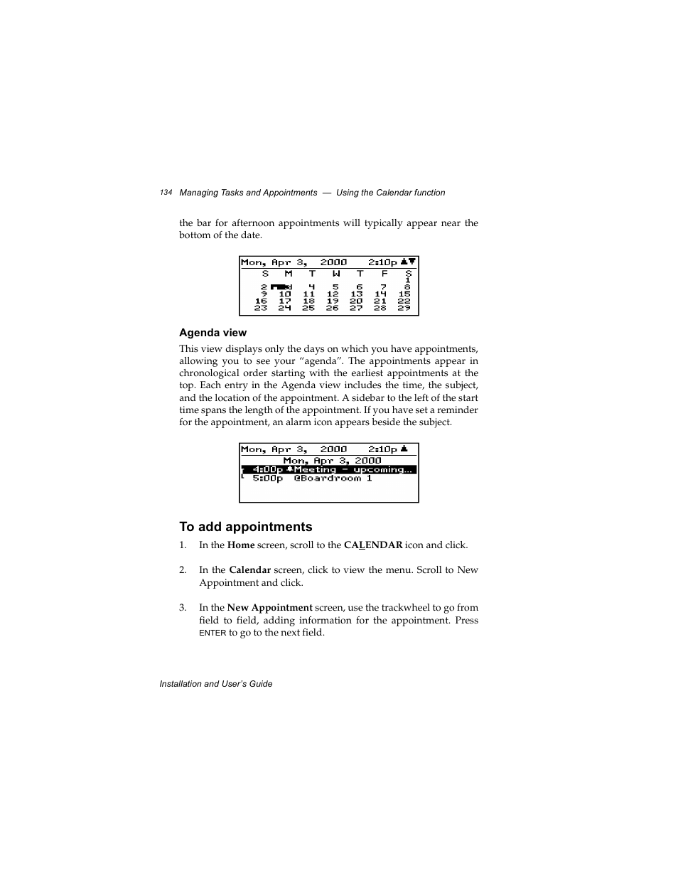 Agenda view, To add appointments | Radio Shack RIM 850 User Manual | Page 134 / 204