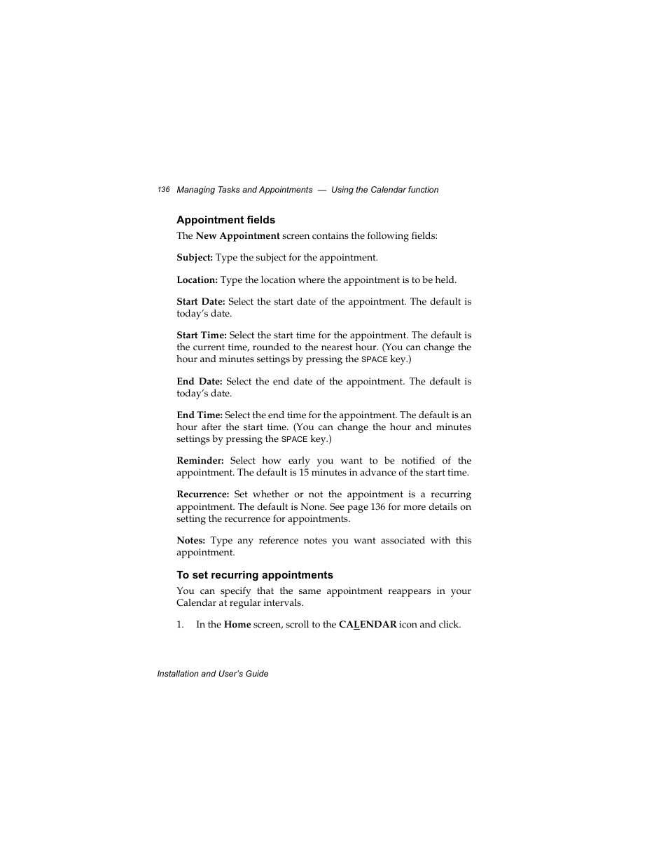 Appointment fields, To set recurring appointments | Radio Shack RIM 850 User Manual | Page 136 / 204