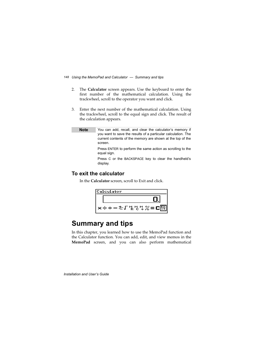 To exit the calculator, Summary and tips | Radio Shack RIM 850 User Manual | Page 148 / 204