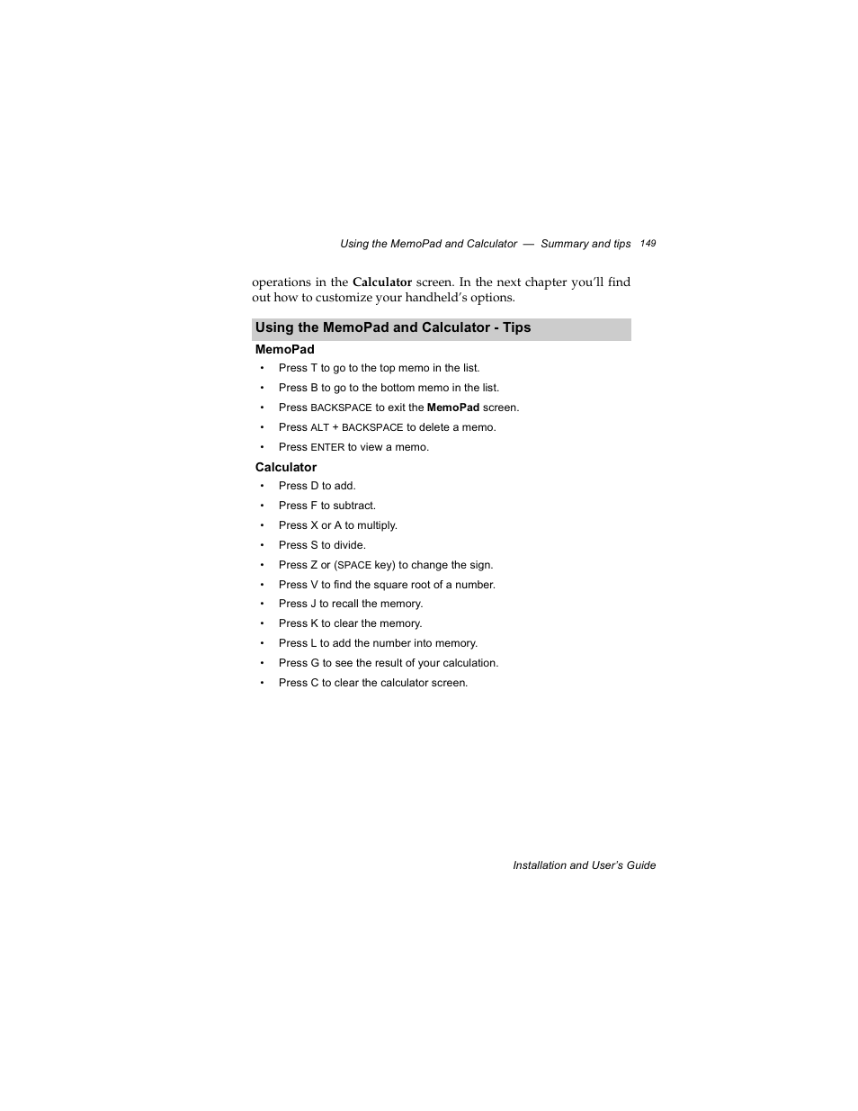 Using the memopad and calculator - tips, Memopad, Calculator | Radio Shack RIM 850 User Manual | Page 149 / 204