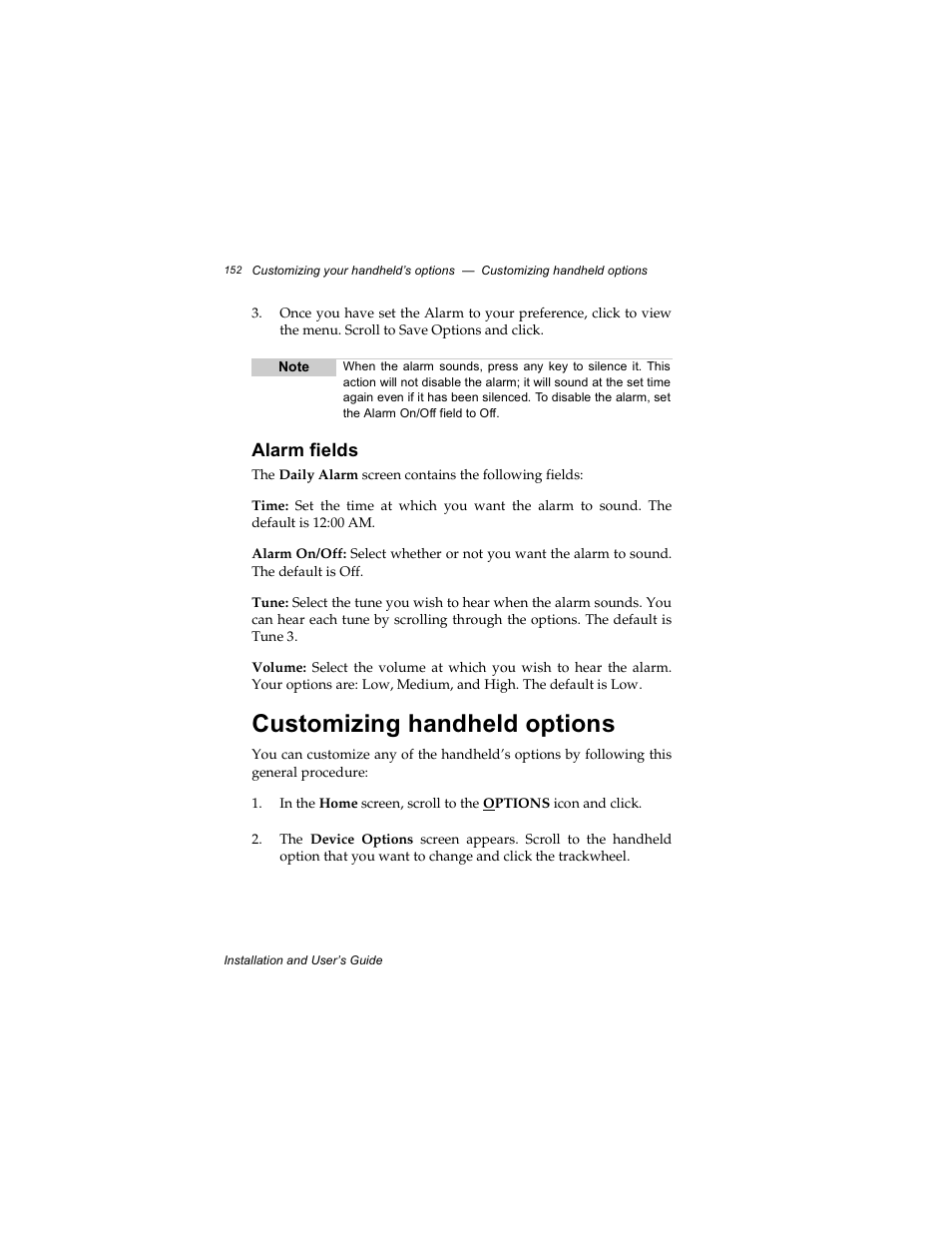 Alarm fields, Customizing handheld options | Radio Shack RIM 850 User Manual | Page 152 / 204