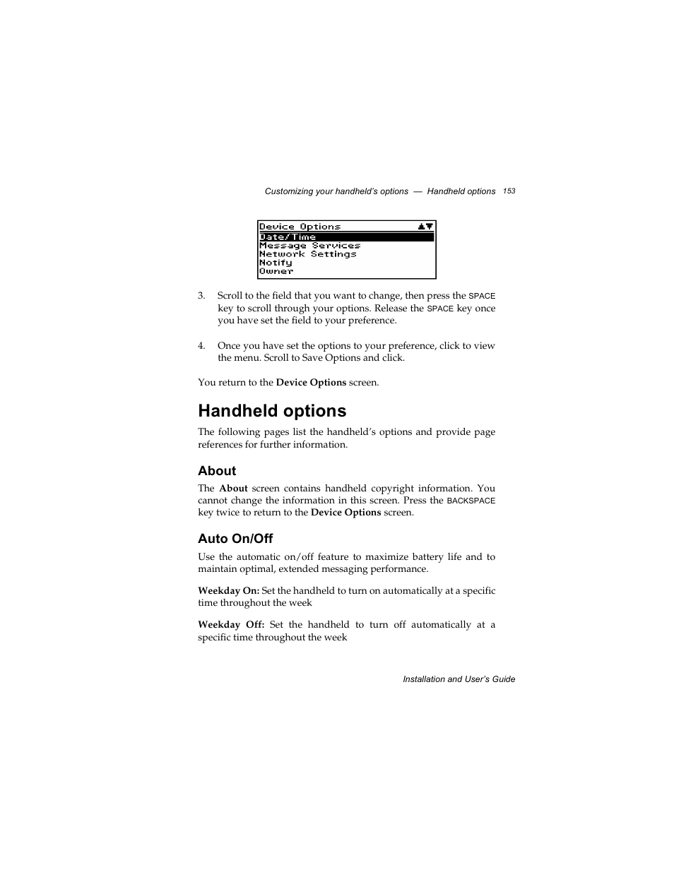 Handheld options, About, Auto on/off | Radio Shack RIM 850 User Manual | Page 153 / 204