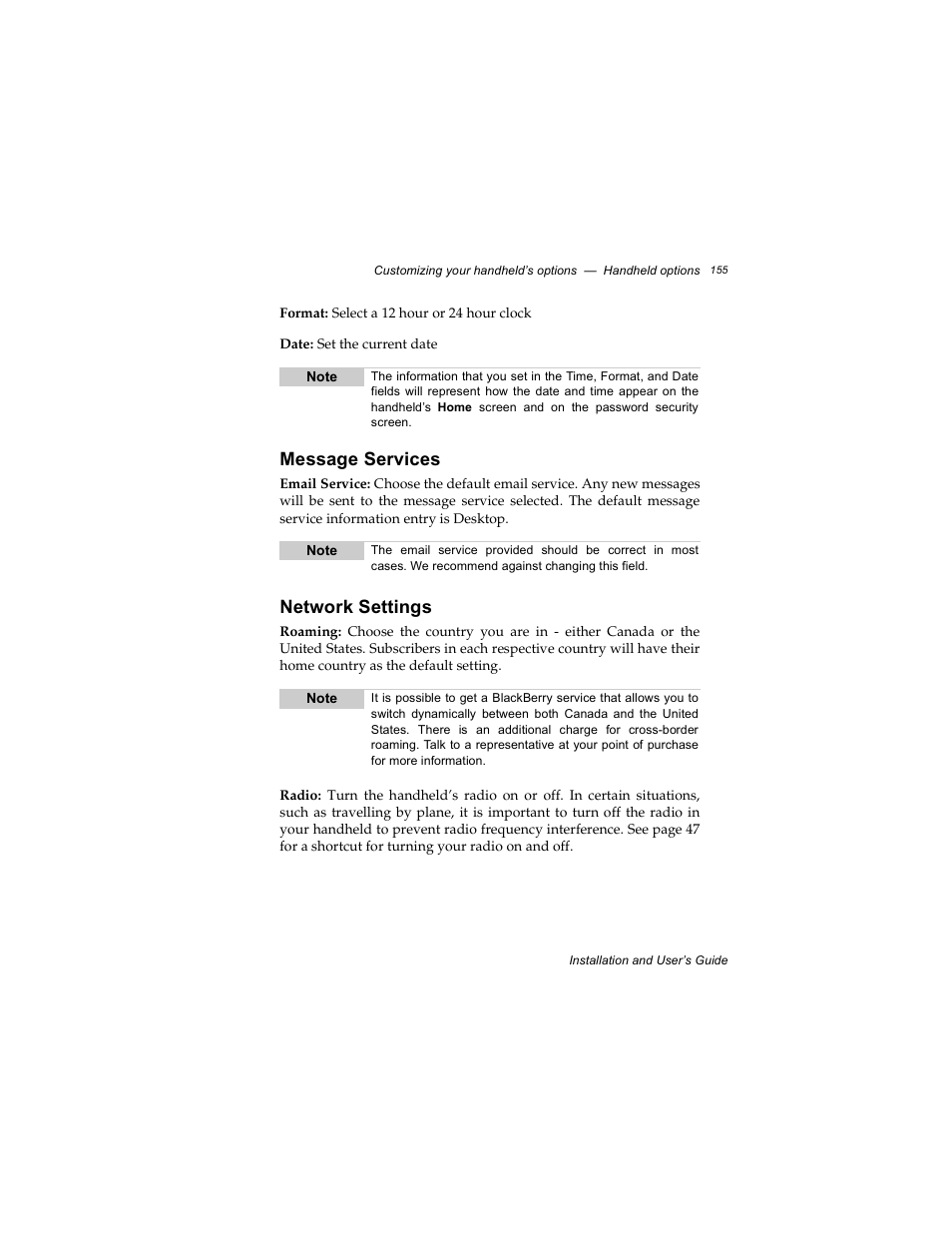 Message services, Network settings | Radio Shack RIM 850 User Manual | Page 155 / 204