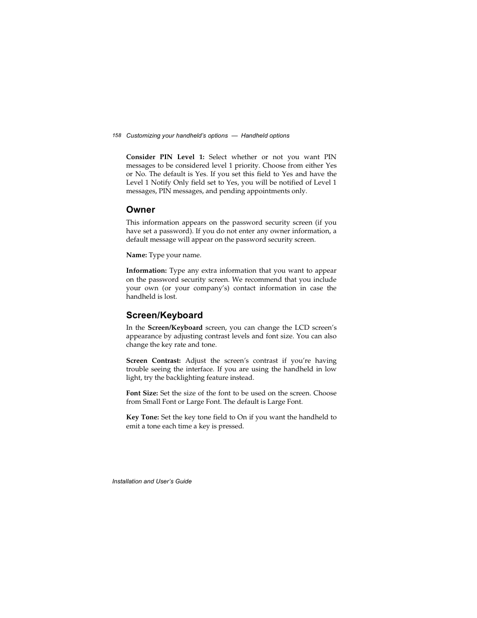 Owner, Screen/keyboard | Radio Shack RIM 850 User Manual | Page 158 / 204