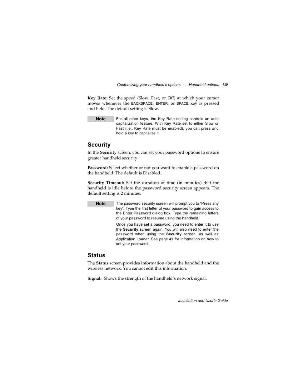 Security, Status | Radio Shack RIM 850 User Manual | Page 159 / 204