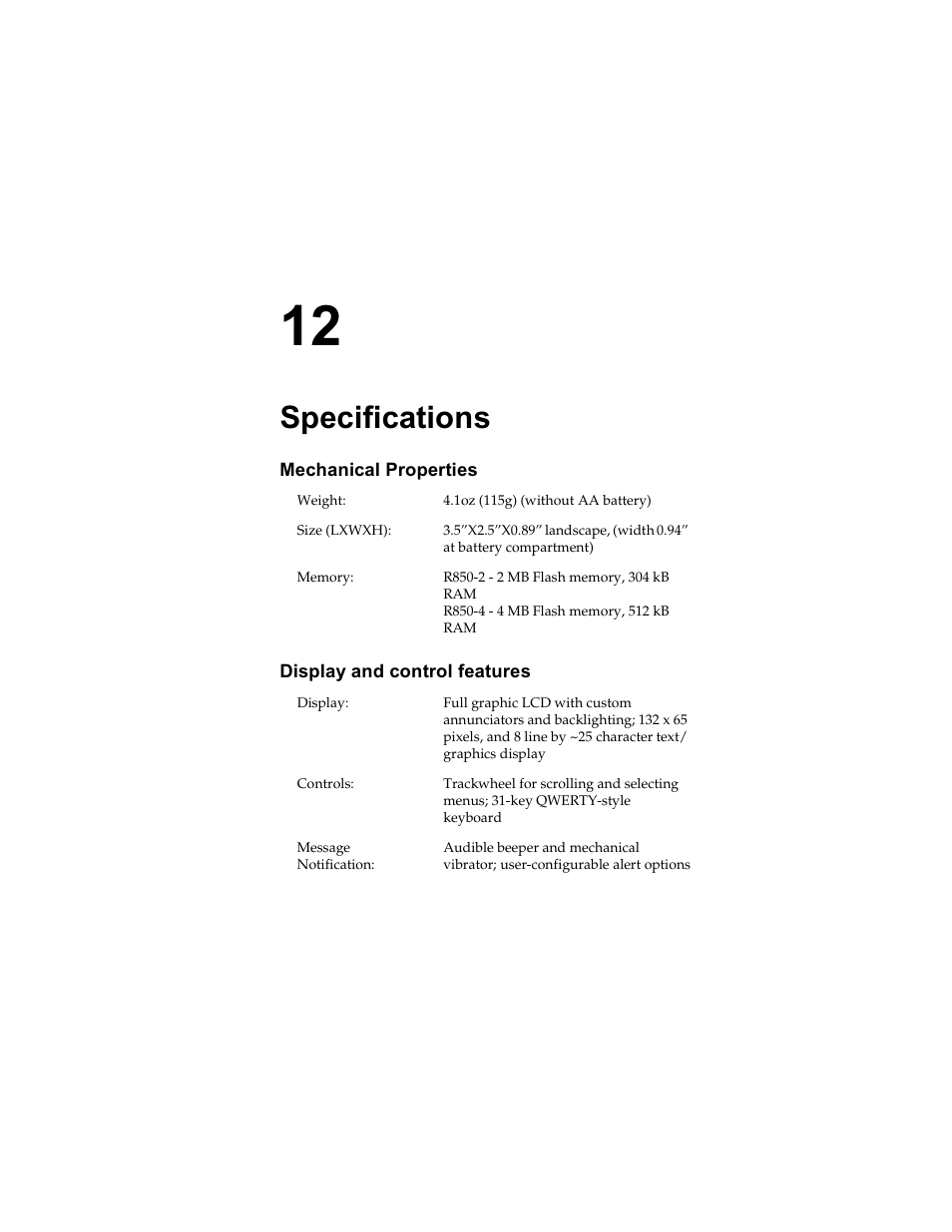 Specifications, Mechanical properties, Display and control features | Radio Shack RIM 850 User Manual | Page 179 / 204