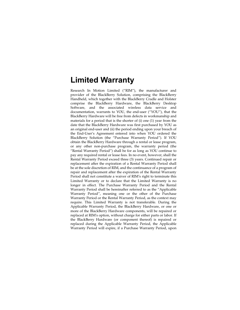 Limited warranty | Radio Shack RIM 850 User Manual | Page 187 / 204