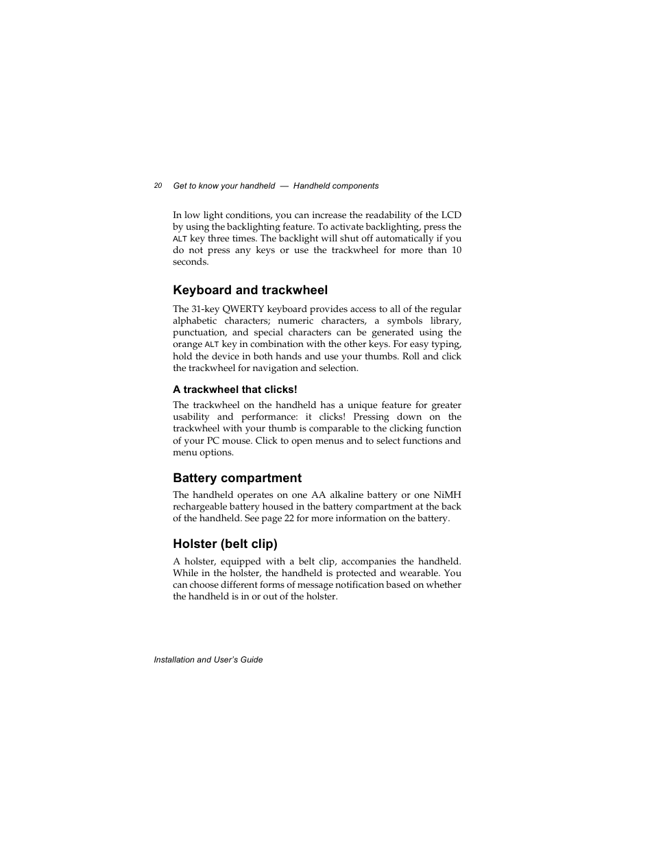 Keyboard and trackwheel, A trackwheel that clicks, Battery compartment | Holster (belt clip) | Radio Shack RIM 850 User Manual | Page 20 / 204