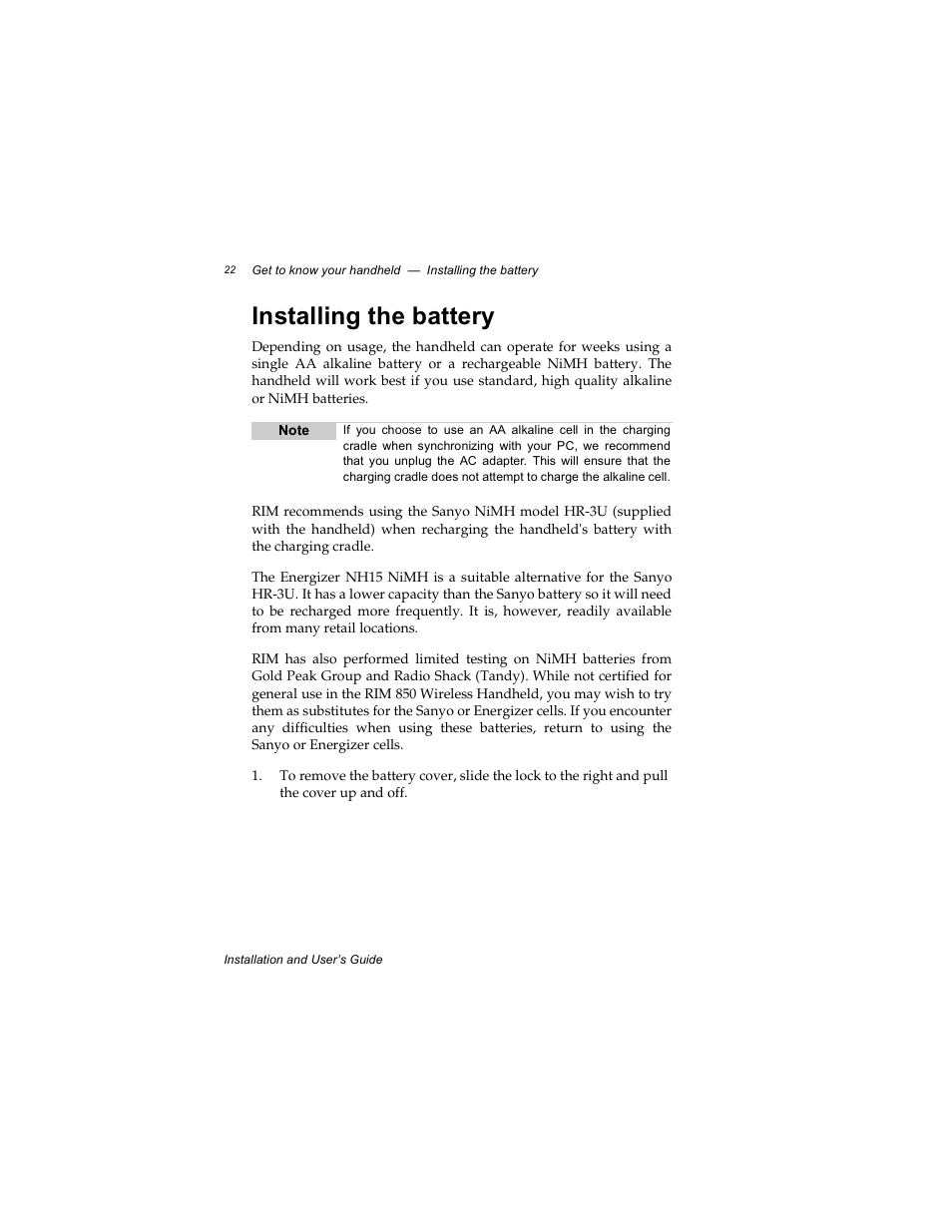 Installing the battery | Radio Shack RIM 850 User Manual | Page 22 / 204