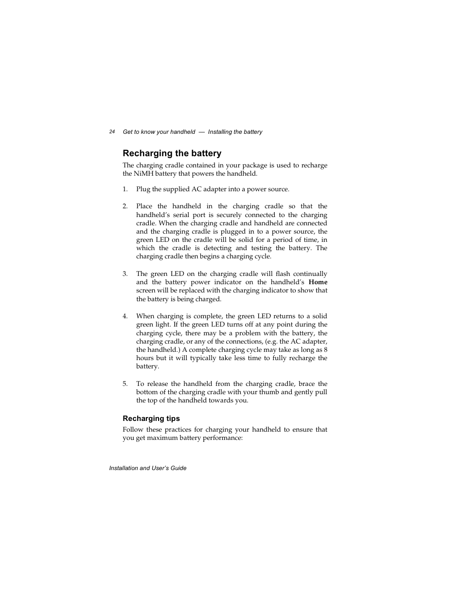 Recharging the battery, Recharging tips | Radio Shack RIM 850 User Manual | Page 24 / 204
