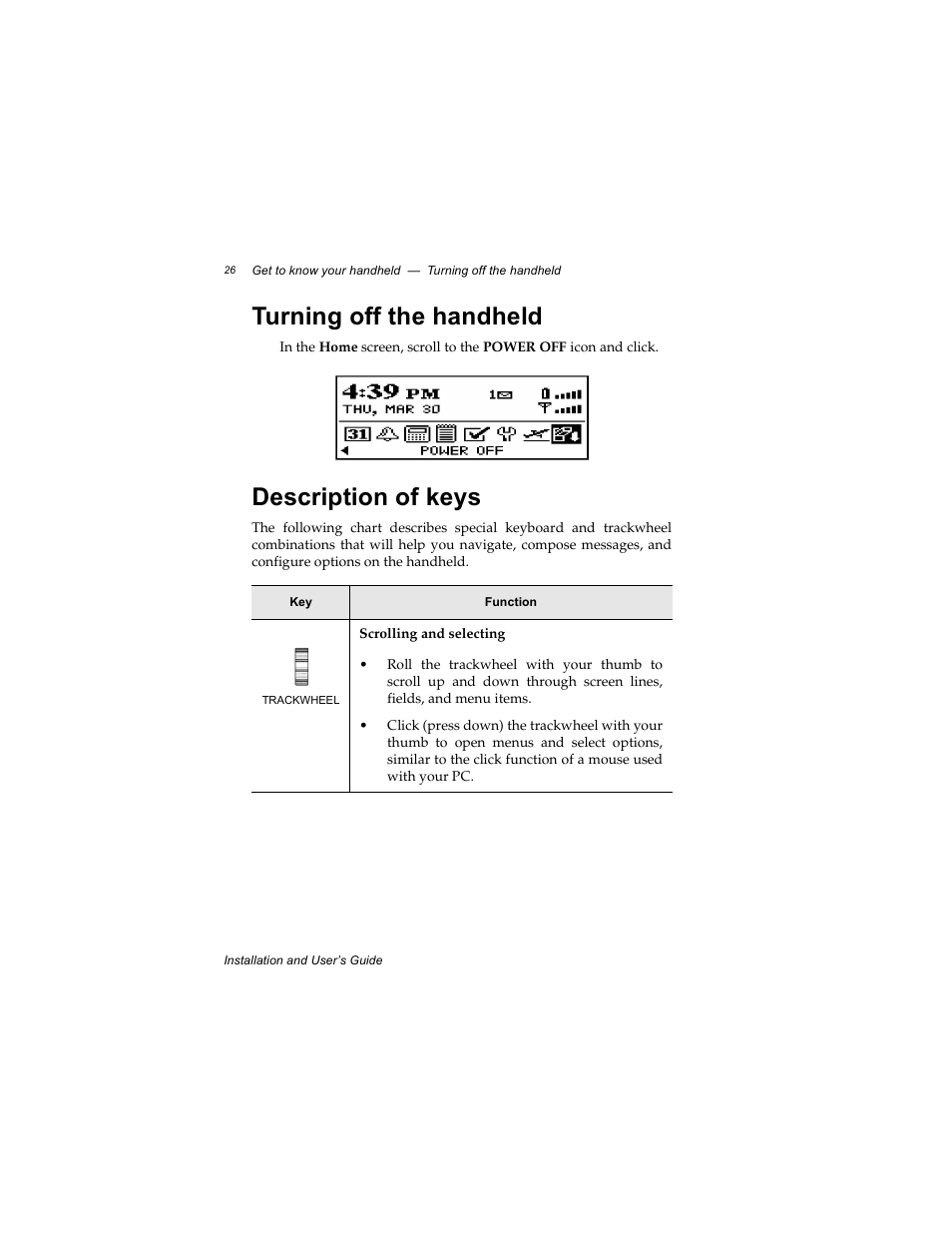 Turning off the handheld, Description of keys, Turning off the handheld description of keys | Radio Shack RIM 850 User Manual | Page 26 / 204