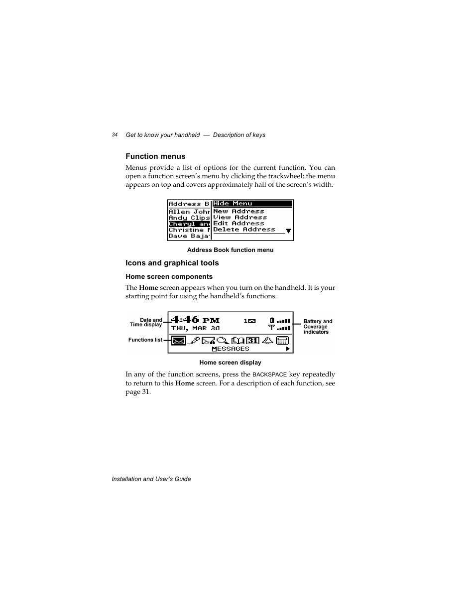 Function menus, Icons and graphical tools, Home screen components | Radio Shack RIM 850 User Manual | Page 34 / 204