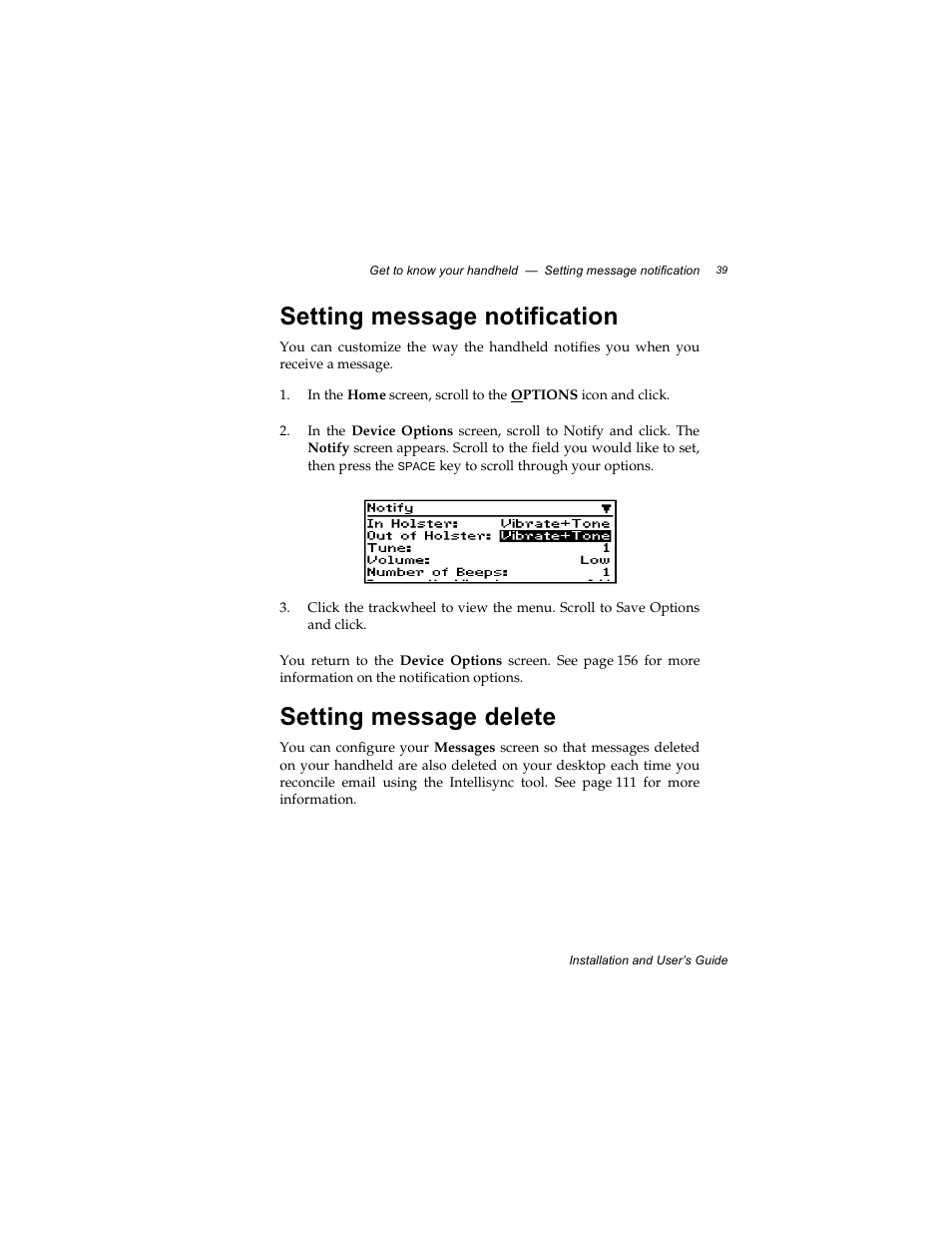 Setting message notification, Setting message delete | Radio Shack RIM 850 User Manual | Page 39 / 204