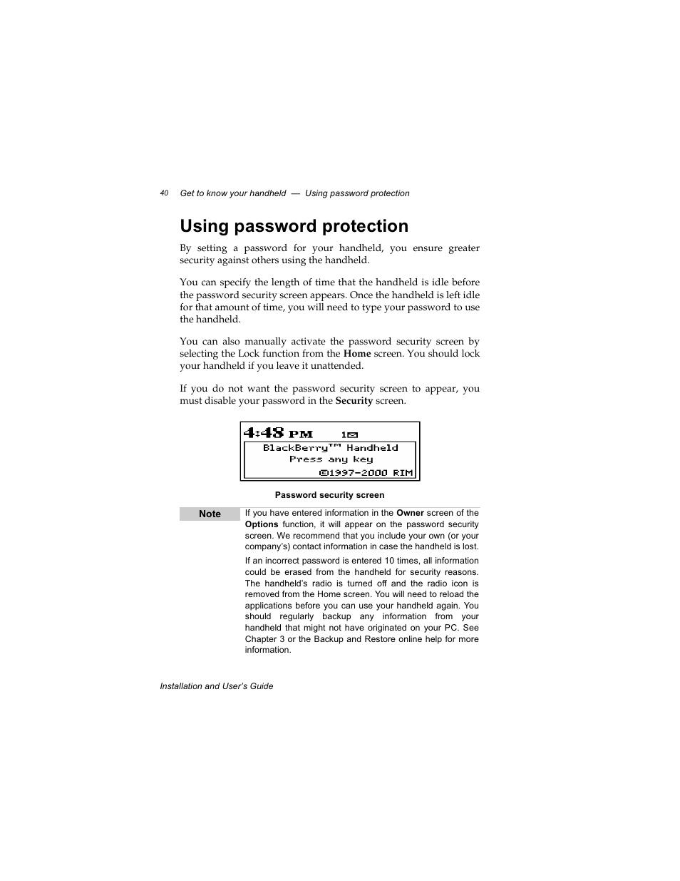 Using password protection | Radio Shack RIM 850 User Manual | Page 40 / 204