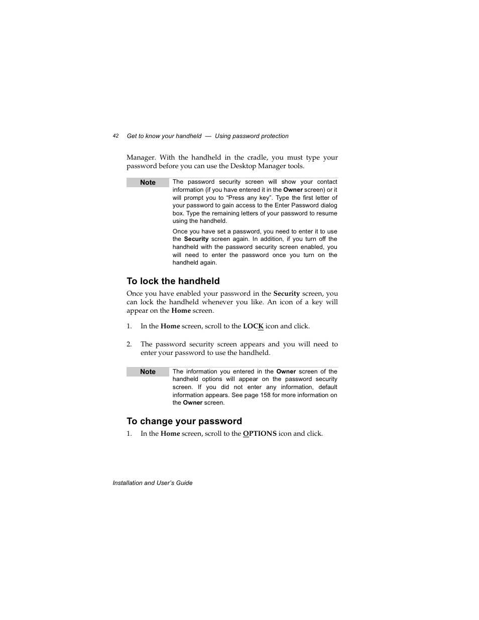 To lock the handheld, To change your password | Radio Shack RIM 850 User Manual | Page 42 / 204