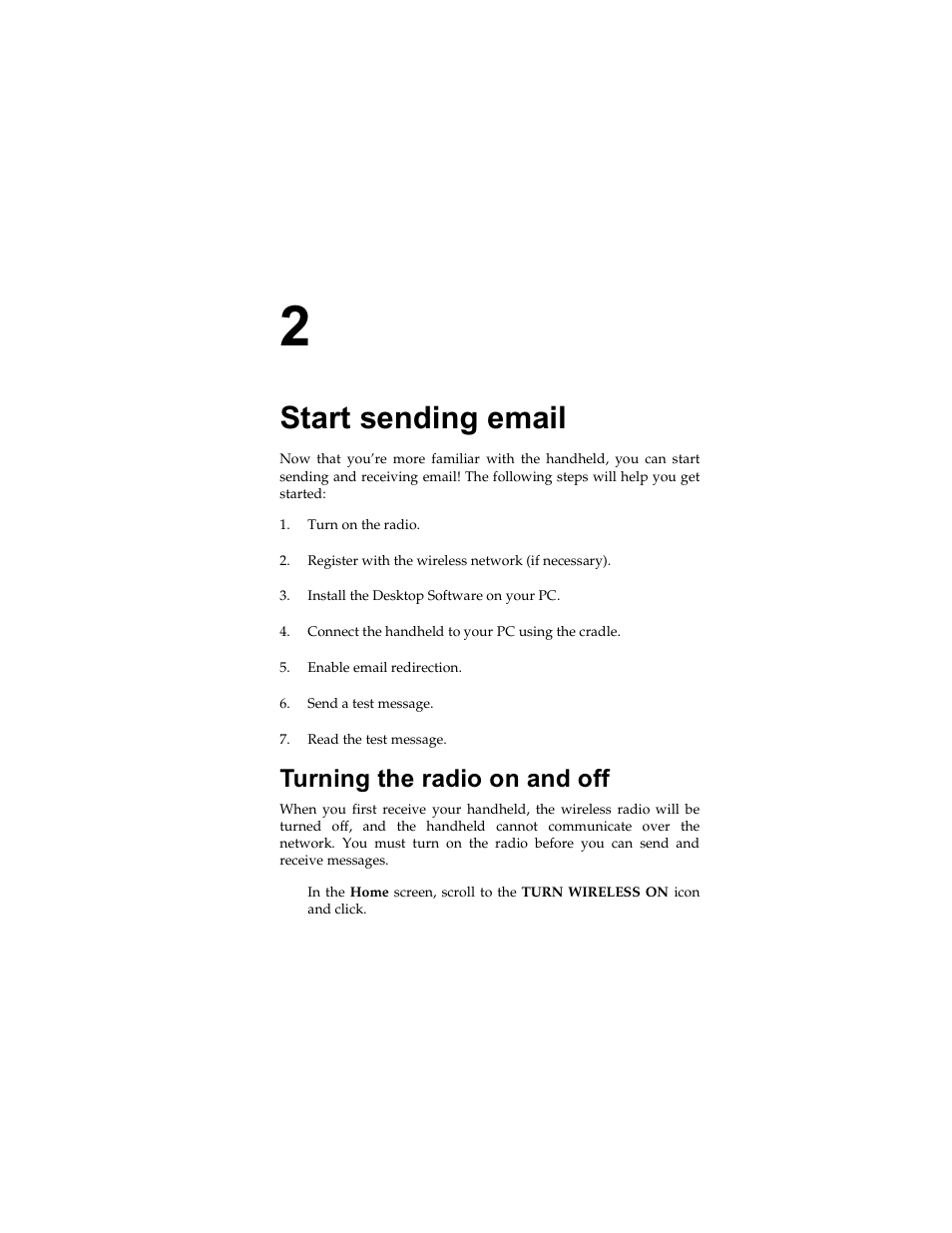 Start sending email, Turning the radio on and off | Radio Shack RIM 850 User Manual | Page 47 / 204