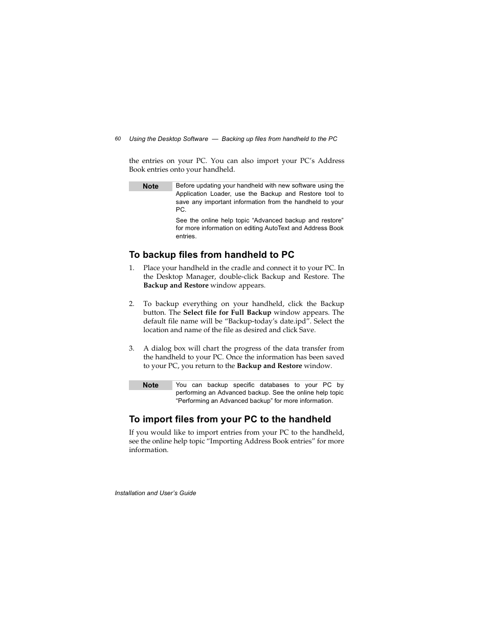 To backup files from handheld to pc, To import files from your pc to the handheld | Radio Shack RIM 850 User Manual | Page 60 / 204