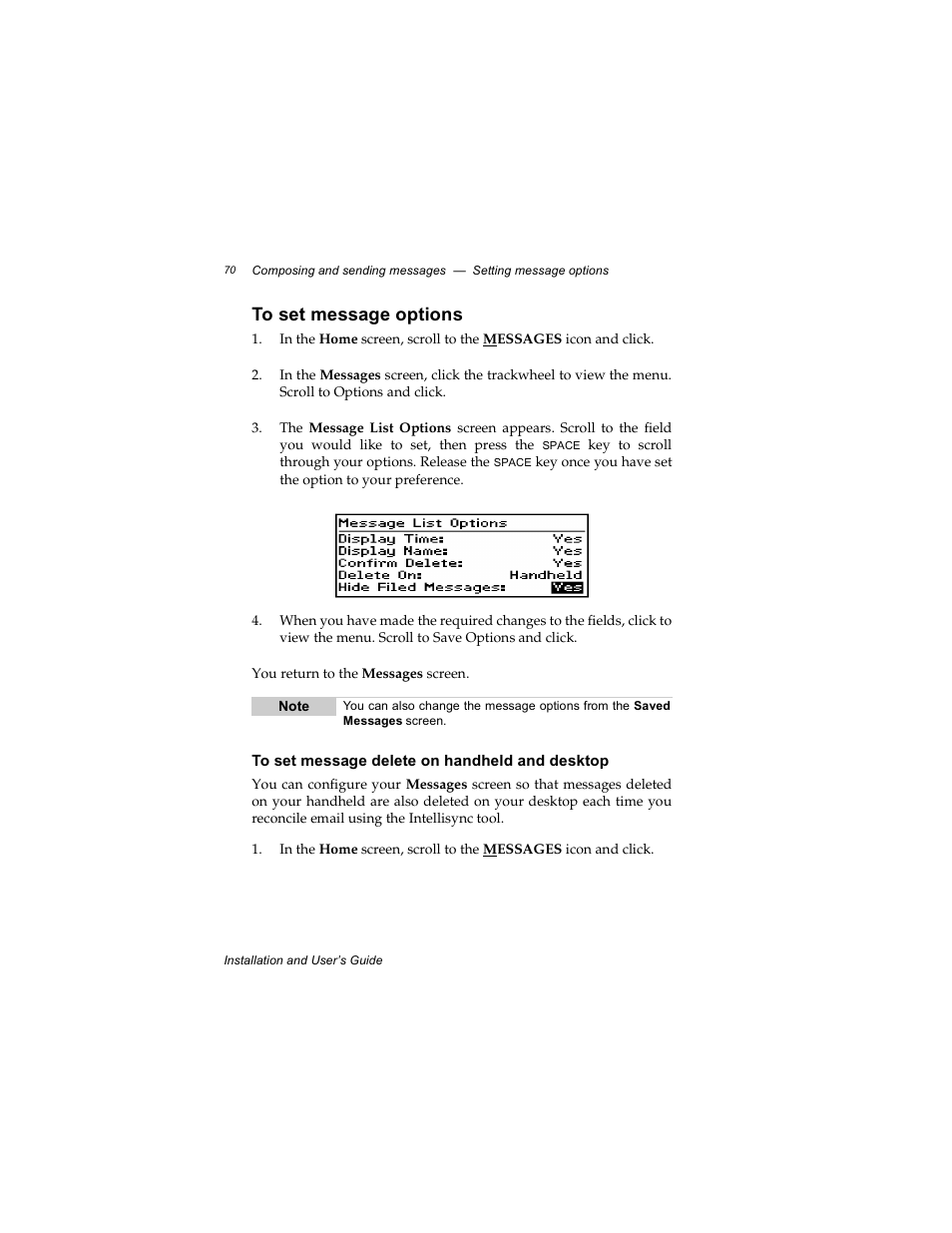 To set message options, To set message delete on handheld and desktop | Radio Shack RIM 850 User Manual | Page 70 / 204