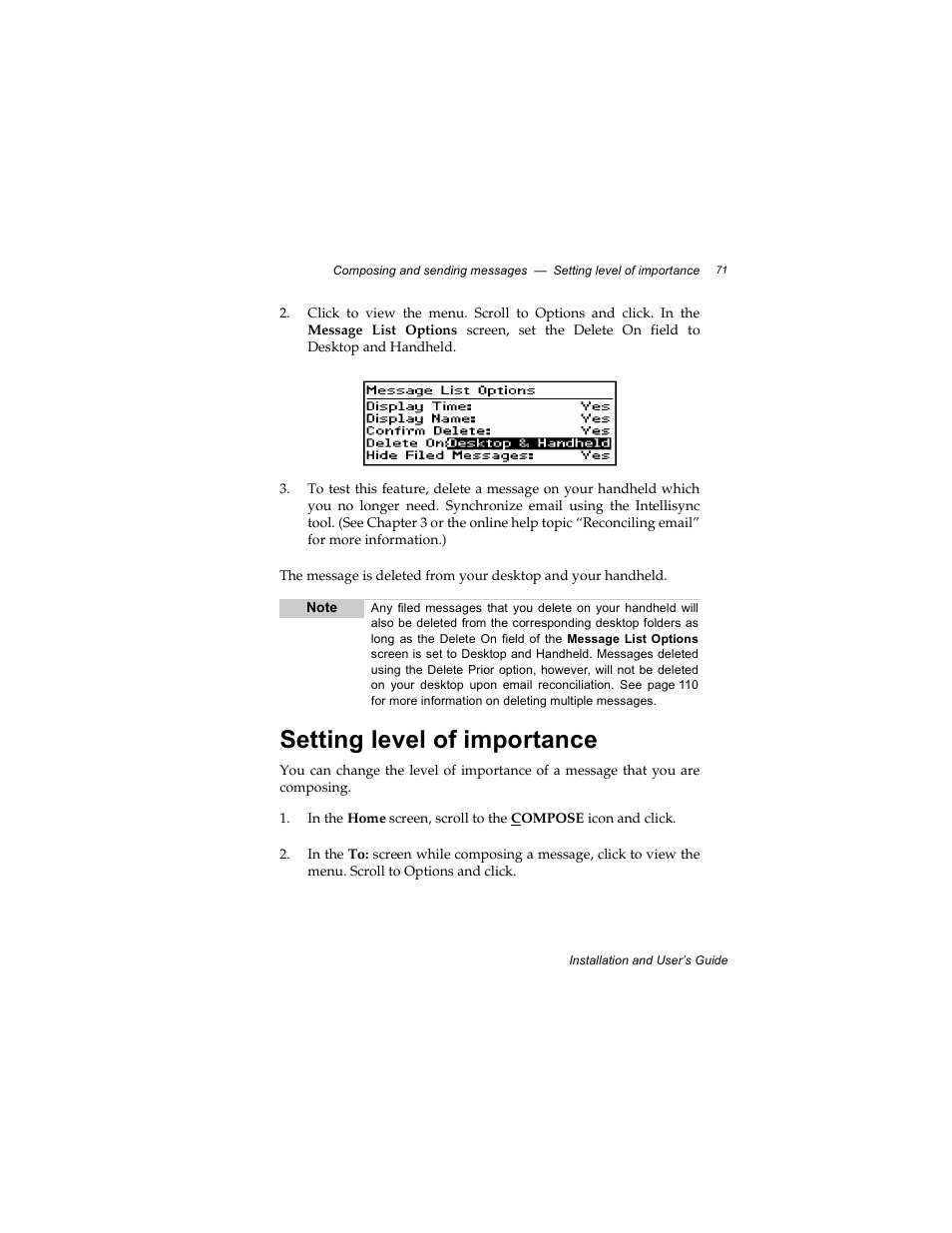 Setting level of importance | Radio Shack RIM 850 User Manual | Page 71 / 204
