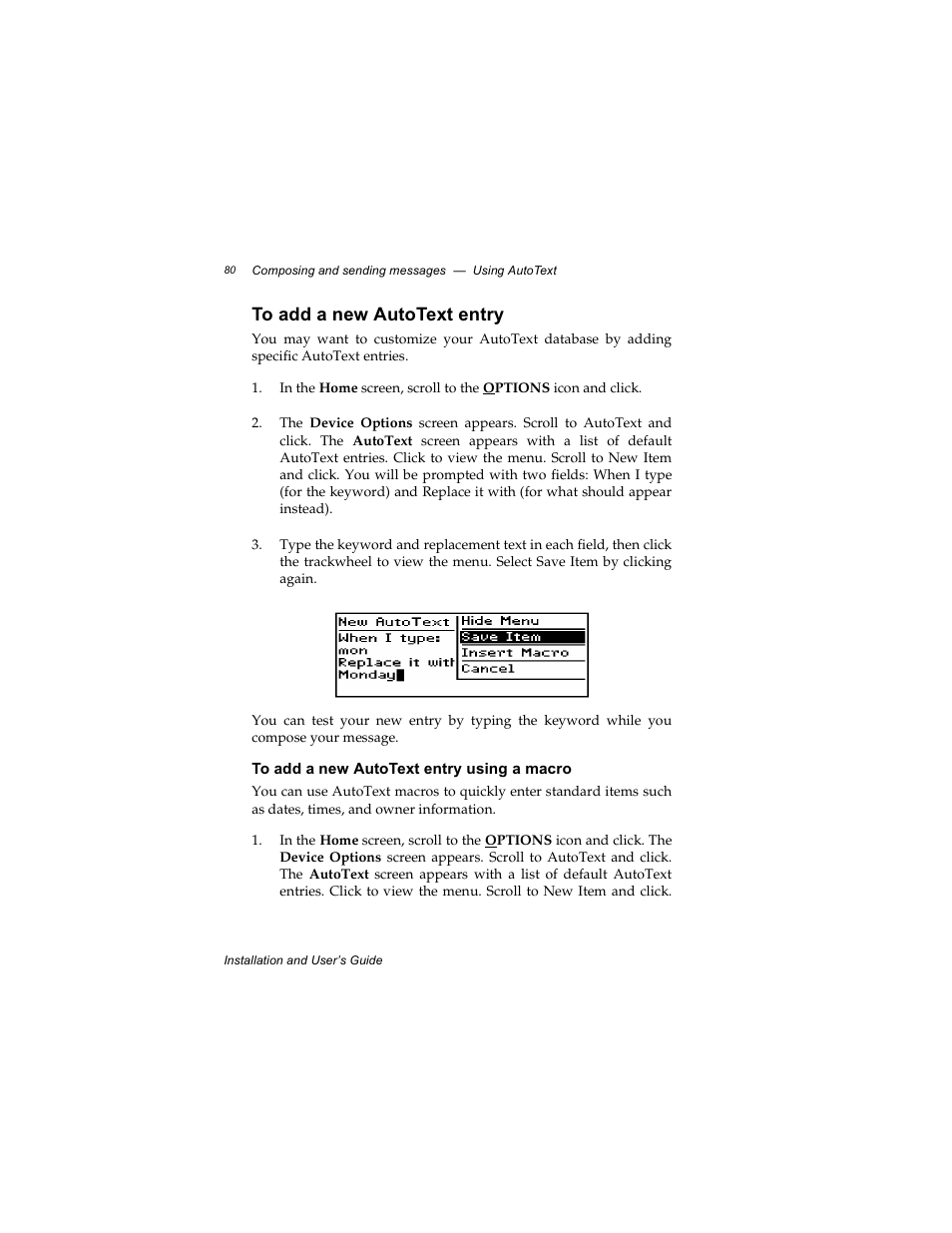 To add a new autotext entry, To add a new autotext entry using a macro | Radio Shack RIM 850 User Manual | Page 80 / 204