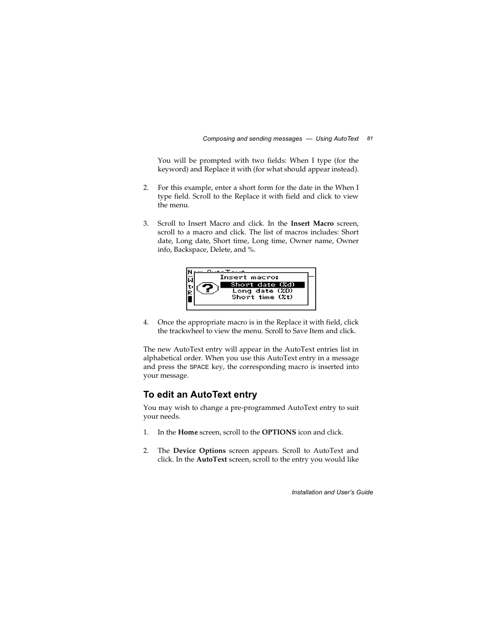To edit an autotext entry | Radio Shack RIM 850 User Manual | Page 81 / 204
