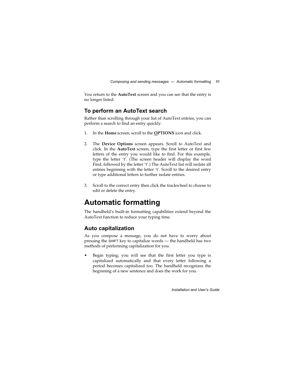 To perform an autotext search, Automatic formatting, Auto capitalization | Radio Shack RIM 850 User Manual | Page 83 / 204