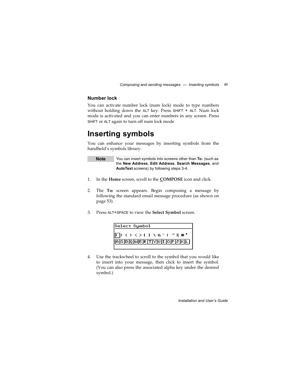 Number lock, Inserting symbols | Radio Shack RIM 850 User Manual | Page 85 / 204