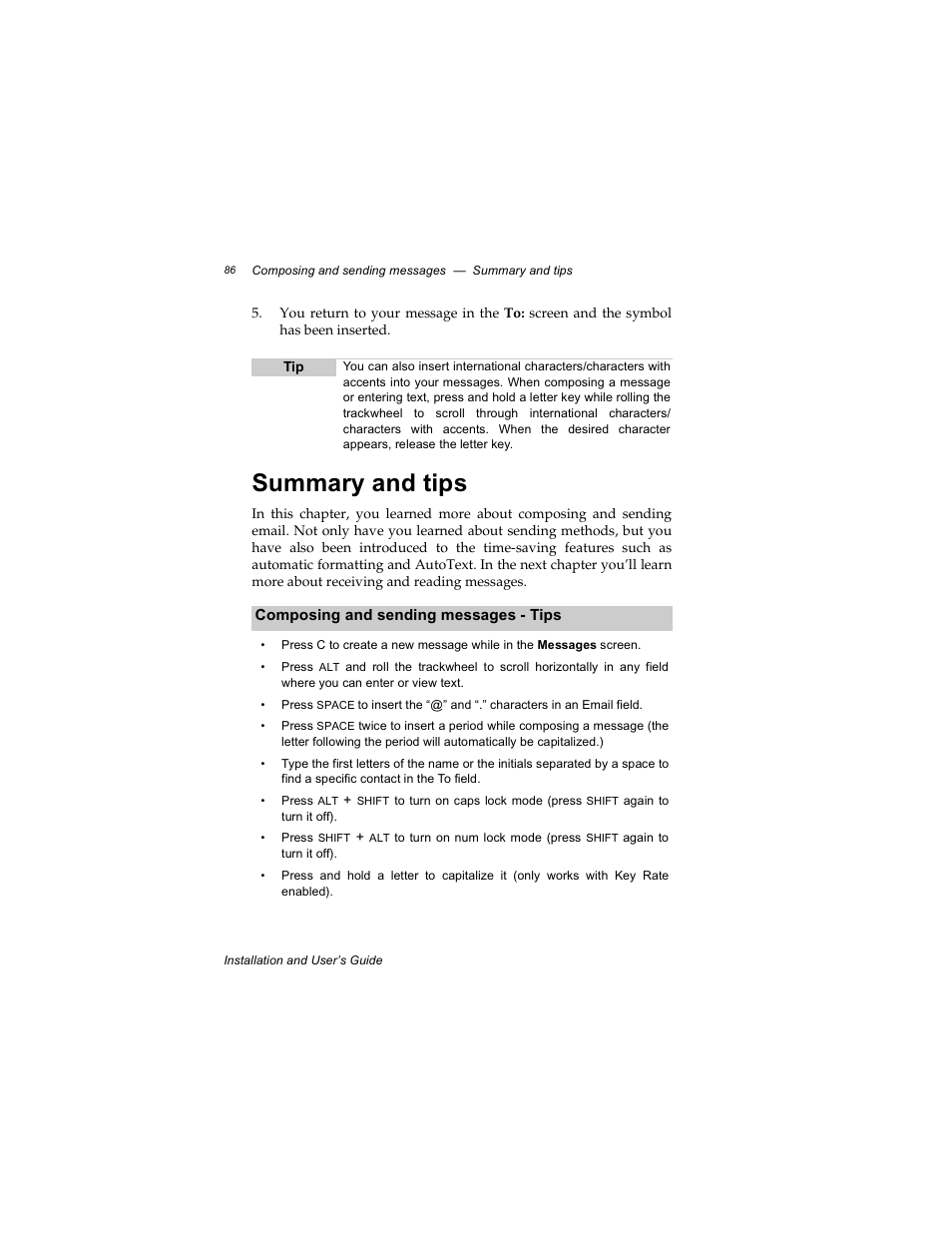 Summary and tips, Composing and sending messages - tips | Radio Shack RIM 850 User Manual | Page 86 / 204