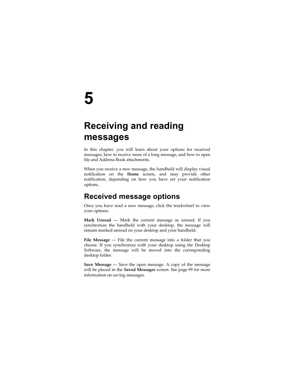 Receiving and reading messages, Received message options | Radio Shack RIM 850 User Manual | Page 89 / 204