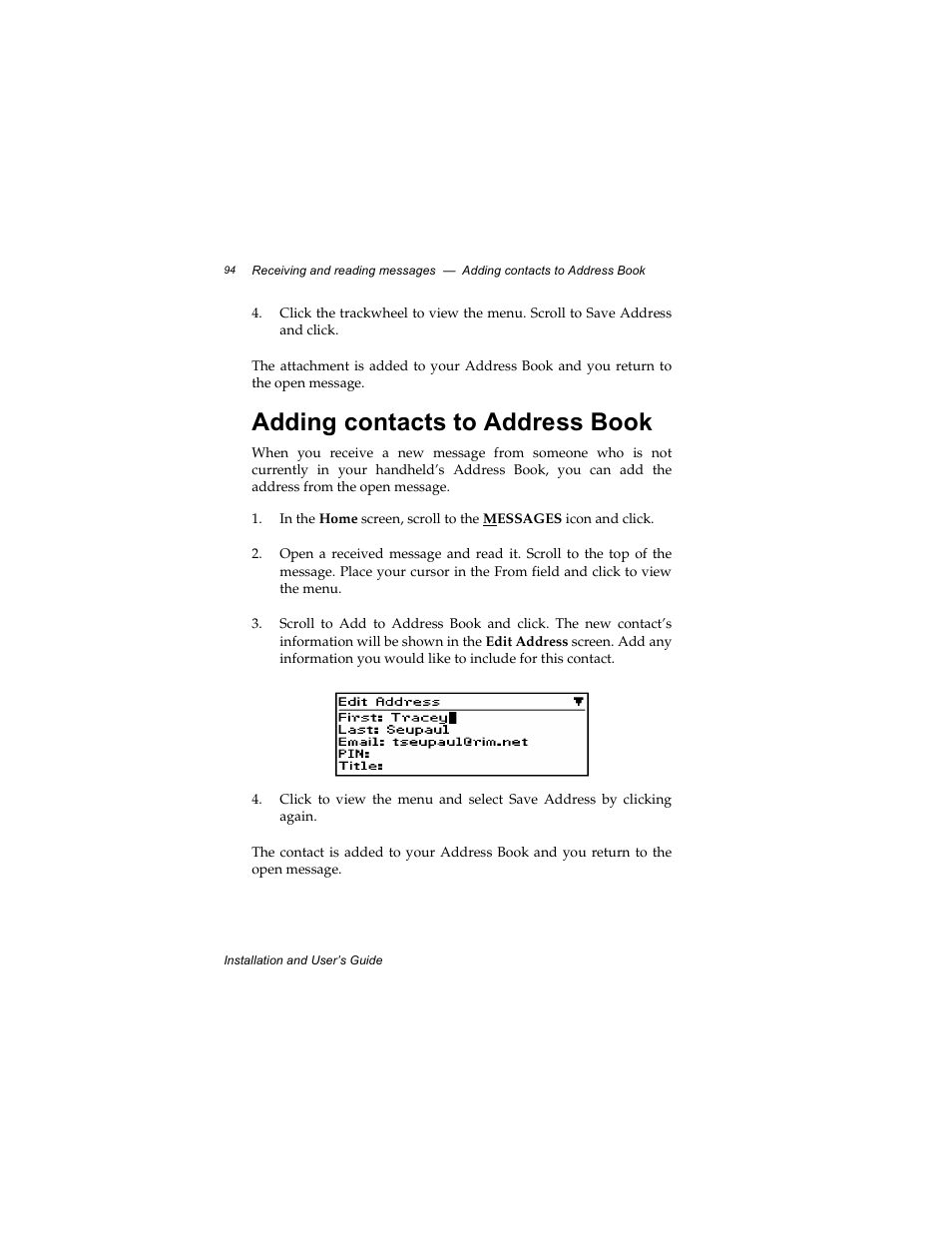 Adding contacts to address book | Radio Shack RIM 850 User Manual | Page 94 / 204