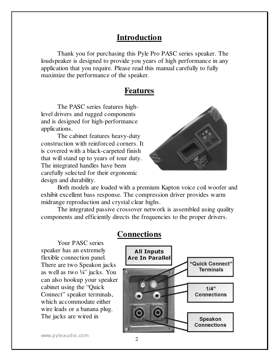 Introduction, Features, Connections | Radio Shack PASC12 User Manual | Page 2 / 7