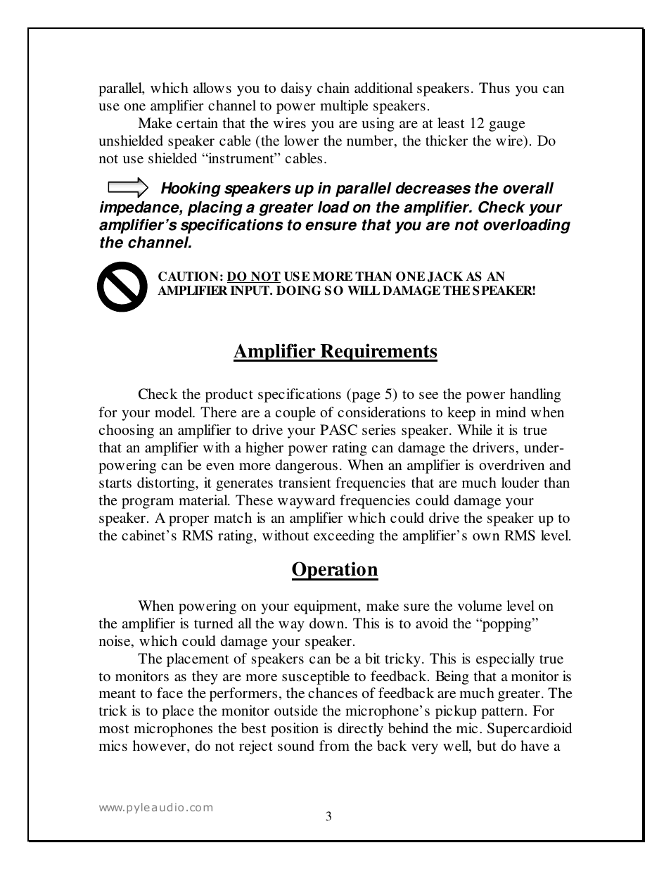 Amplifier requirements, Operation | Radio Shack PASC12 User Manual | Page 3 / 7