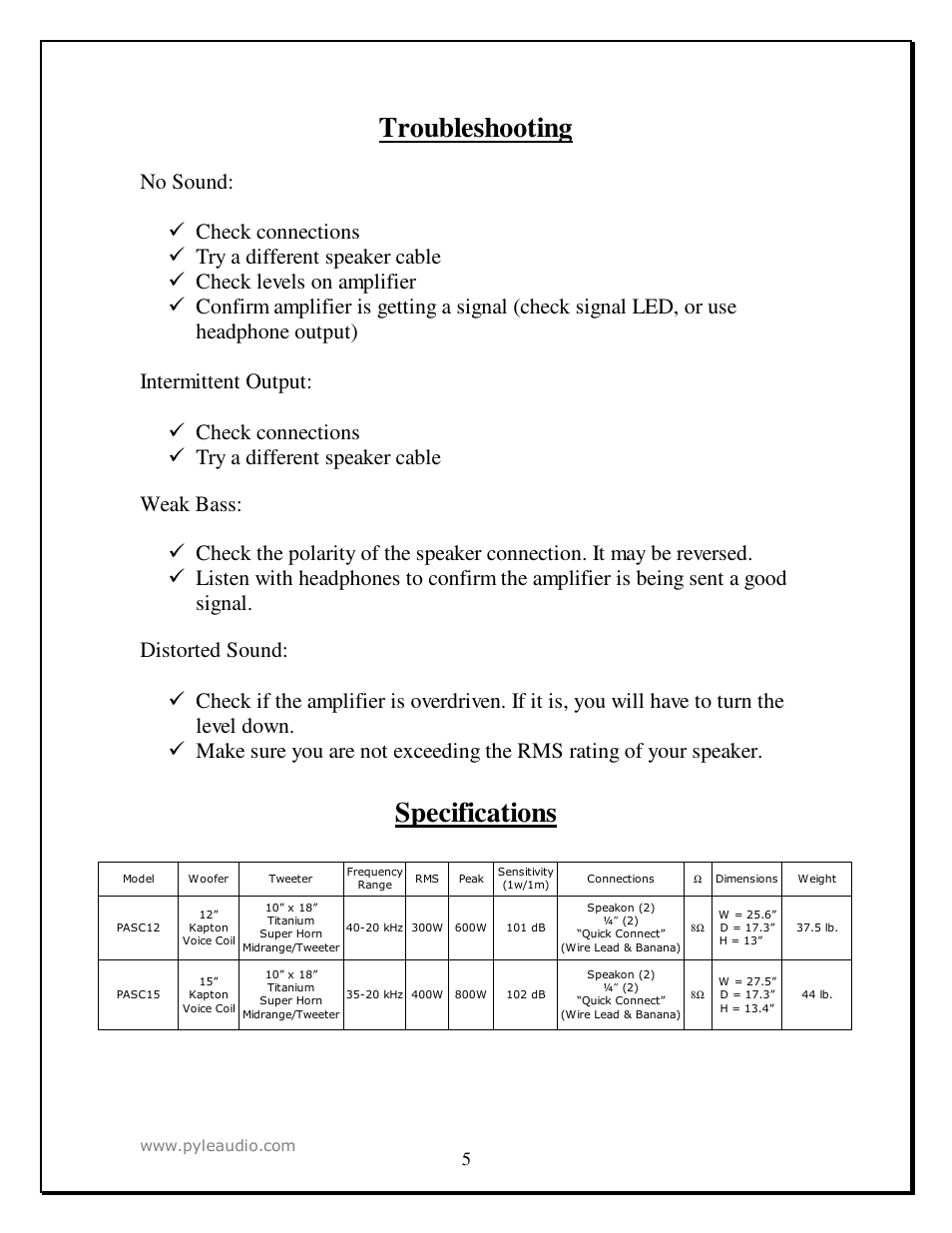 Troubleshooting, Specifications | Radio Shack PASC12 User Manual | Page 5 / 7