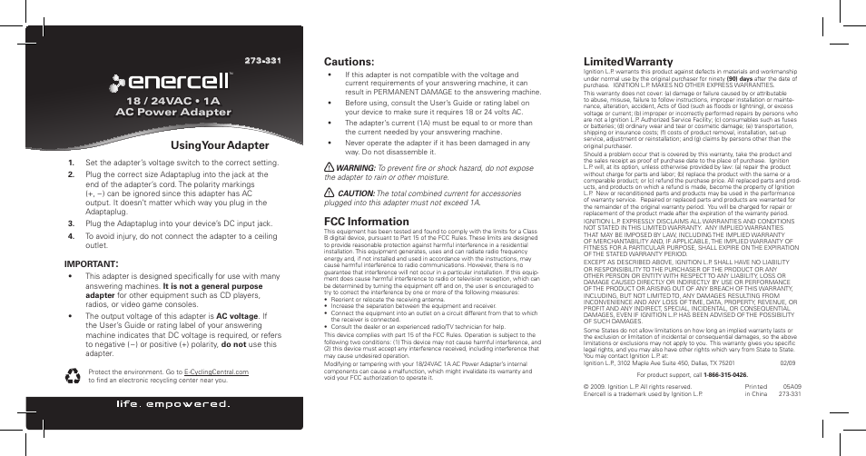 Radio Shack Enercell 273-331 User Manual | 1 page