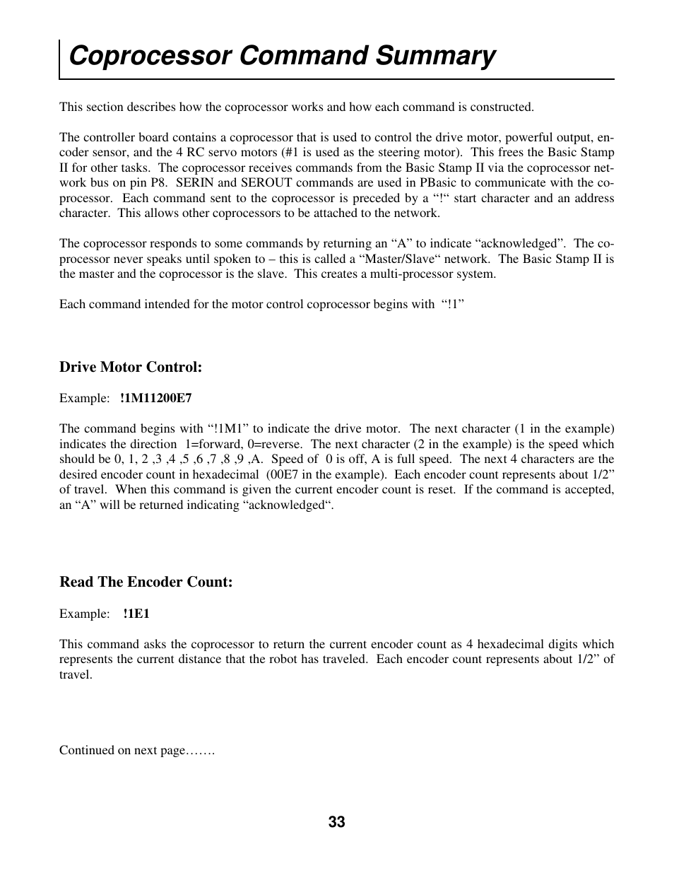 Coprocessor command summary | Radio Shack Mobile Robot User Manual | Page 36 / 54