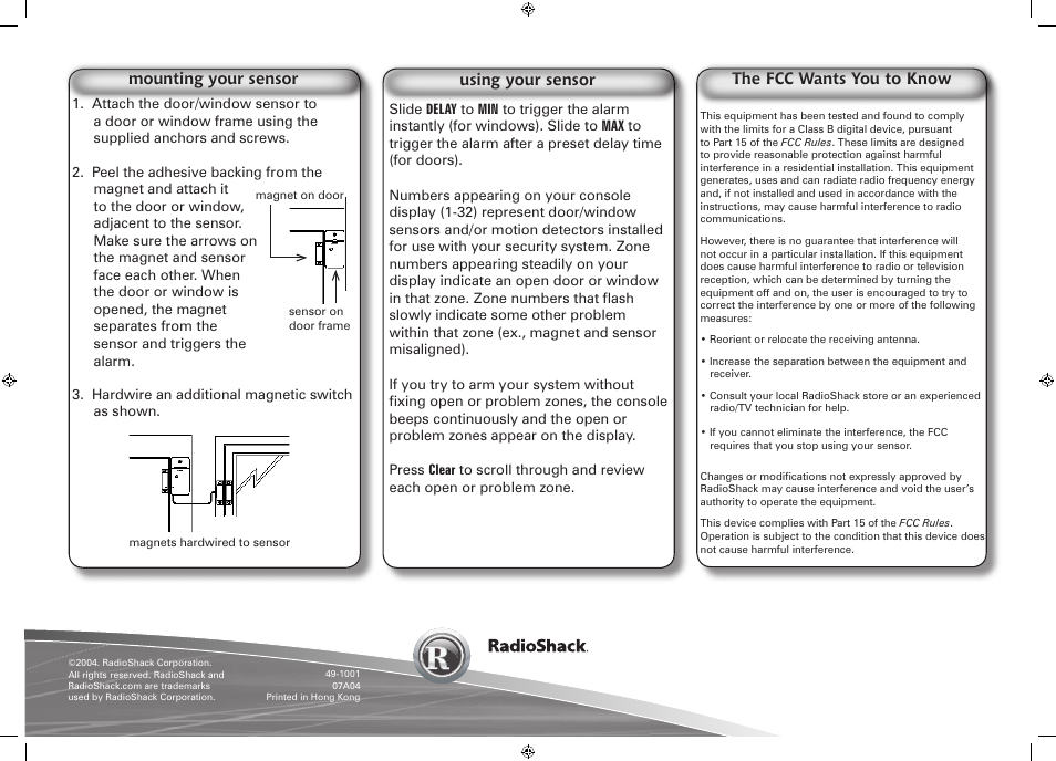Mounting your sensor, The fcc wants you to know, Using your sensor | Radio Shack 49-1001 User Manual | Page 2 / 2