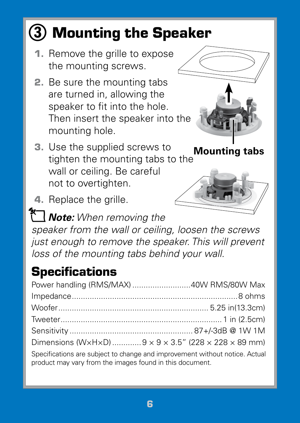 Mounting the speaker, Specifications | Radio Shack Auvio 40-293 User Manual | Page 6 / 8