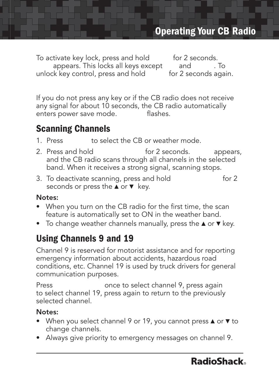 Operating your cb radio, Scanning channels, Using channels 9 and 19 | Radio Shack 21-1679 User Manual | Page 11 / 20