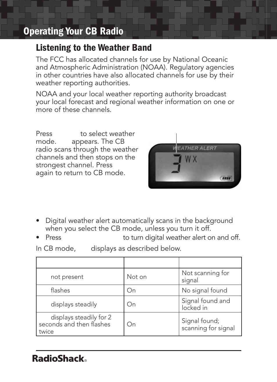 Operating your cb radio, Listening to the weather band | Radio Shack 21-1679 User Manual | Page 12 / 20