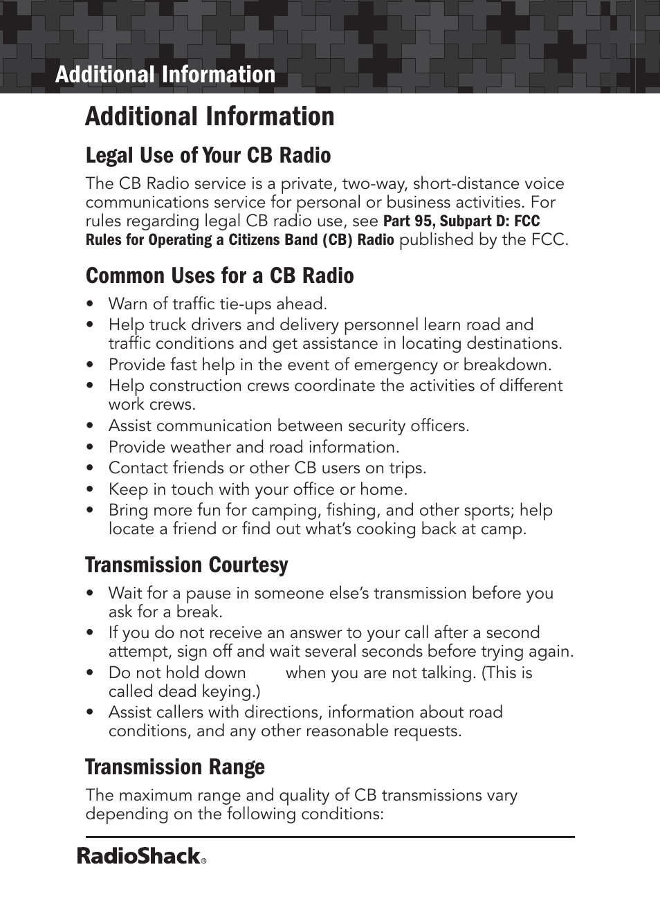Additional information, Legal use of your cb radio, Common uses for a cb radio | Transmission courtesy, Transmission range | Radio Shack 21-1679 User Manual | Page 14 / 20