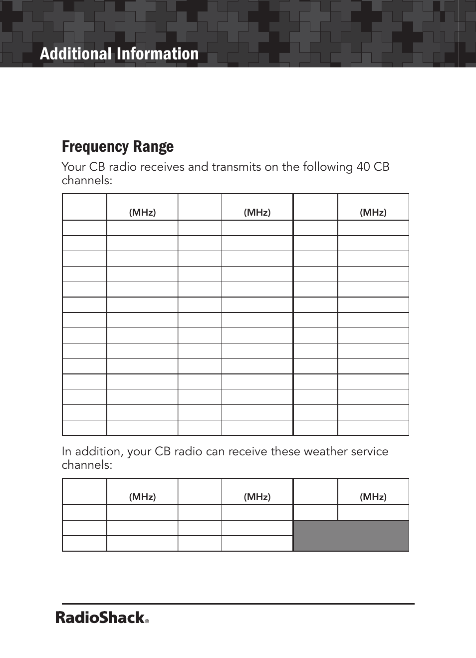 Additional information, Frequency range | Radio Shack 21-1679 User Manual | Page 16 / 20