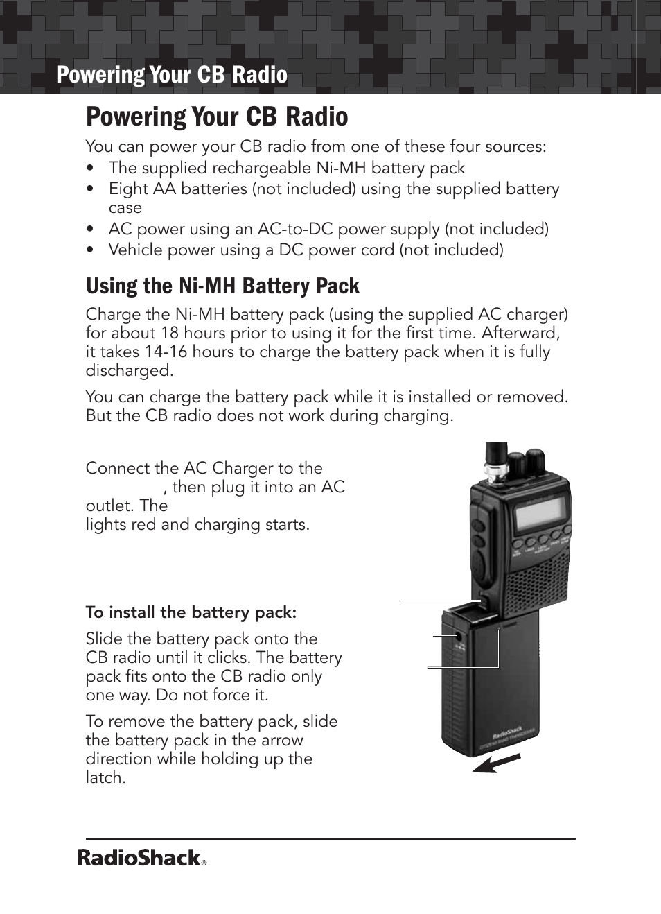 Powering your cb radio, Using the ni-mh battery pack | Radio Shack 21-1679 User Manual | Page 4 / 20