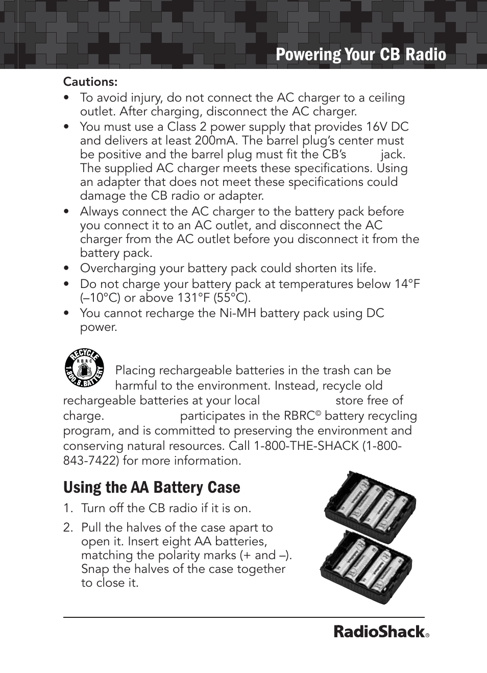 Powering your cb radio, Using the aa battery case | Radio Shack 21-1679 User Manual | Page 5 / 20