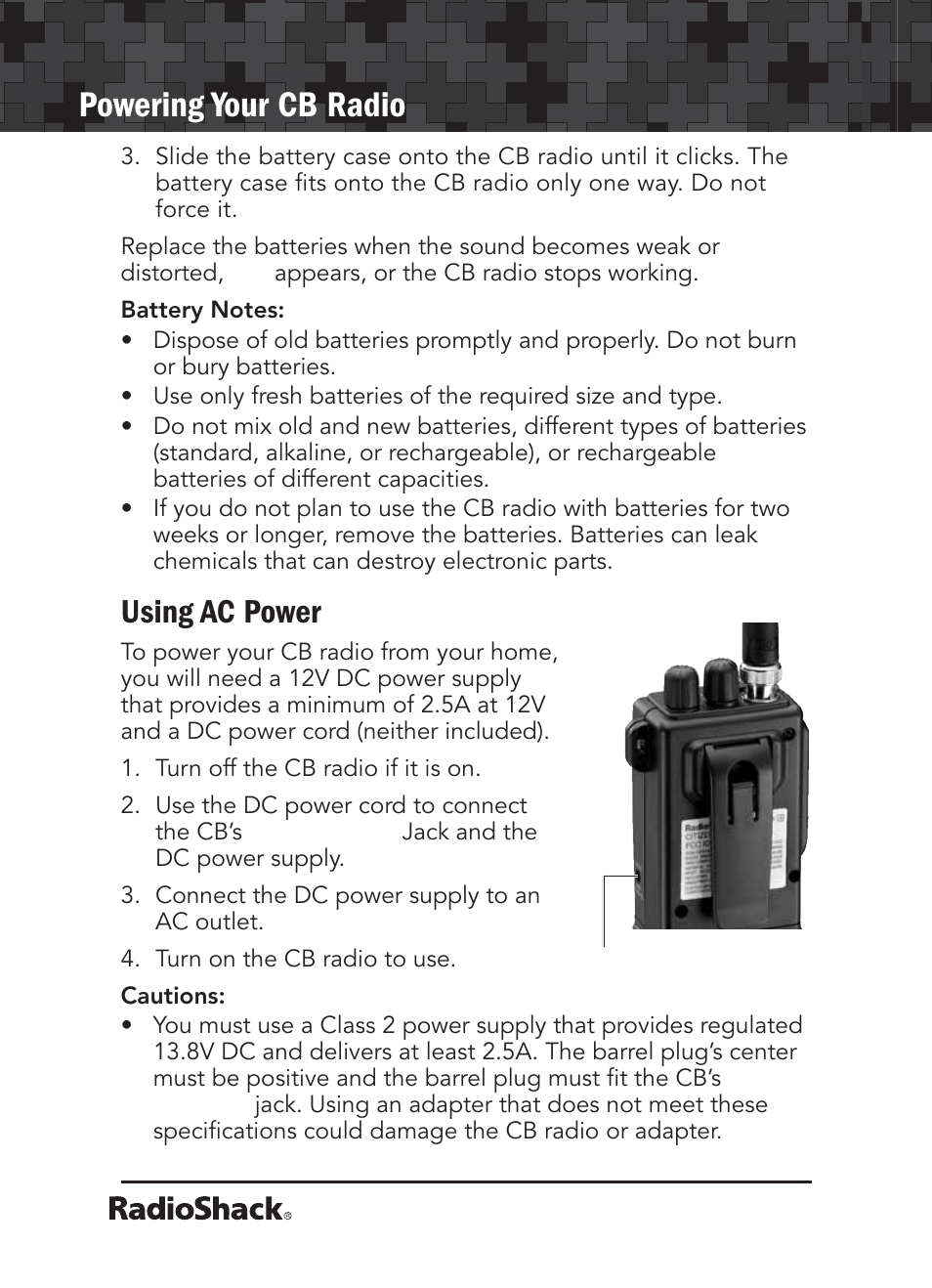 Powering your cb radio, Using ac power | Radio Shack 21-1679 User Manual | Page 6 / 20