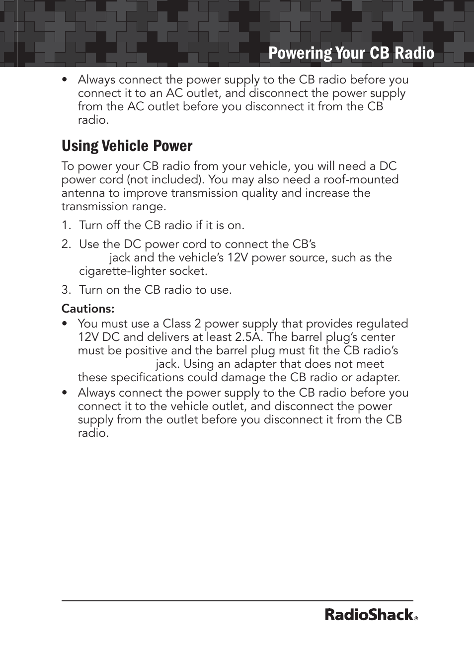 Powering your cb radio, Using vehicle power | Radio Shack 21-1679 User Manual | Page 7 / 20