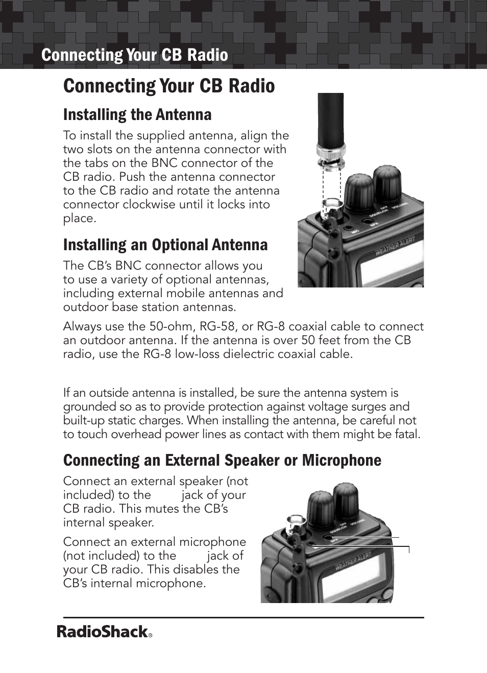 Connecting your cb radio, Installing the antenna, Installing an optional antenna | Connecting an external speaker or microphone | Radio Shack 21-1679 User Manual | Page 8 / 20