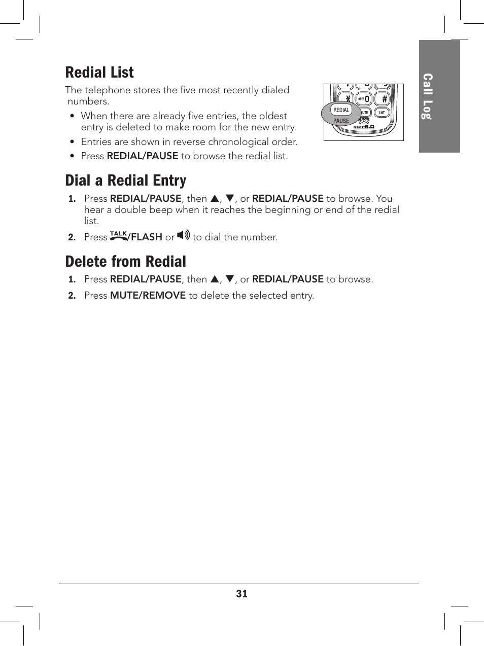Redial list, Dial a redial entry, Delete from redial | Radio Shack 43-327 User Manual | Page 31 / 60