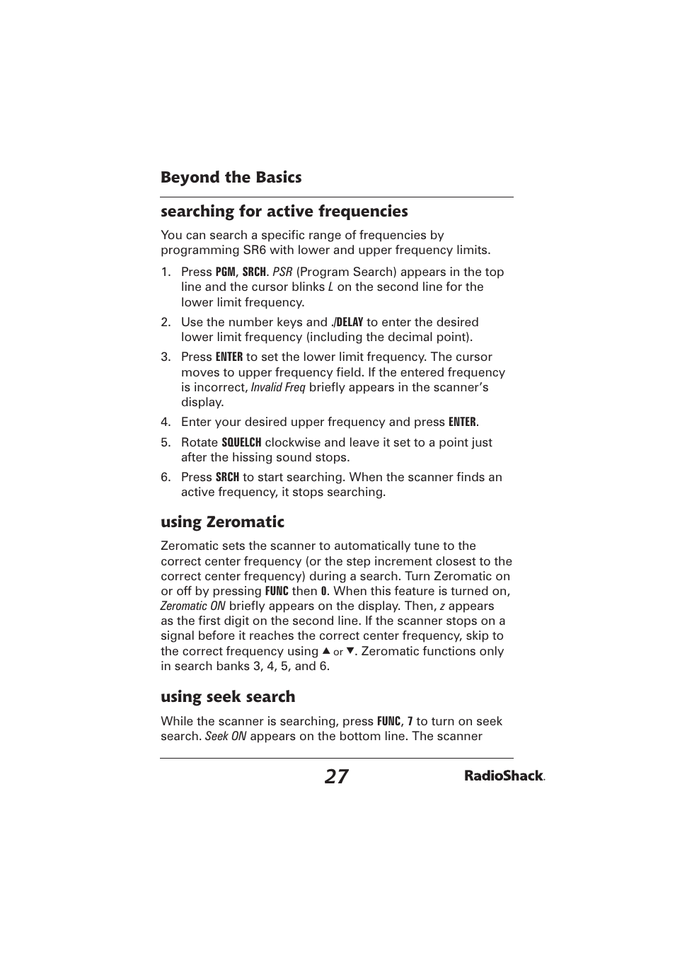 Beyond the basics searching for active frequencies, Using zeromatic, Using seek search | Radio Shack PRO-2096 User Manual | Page 27 / 84
